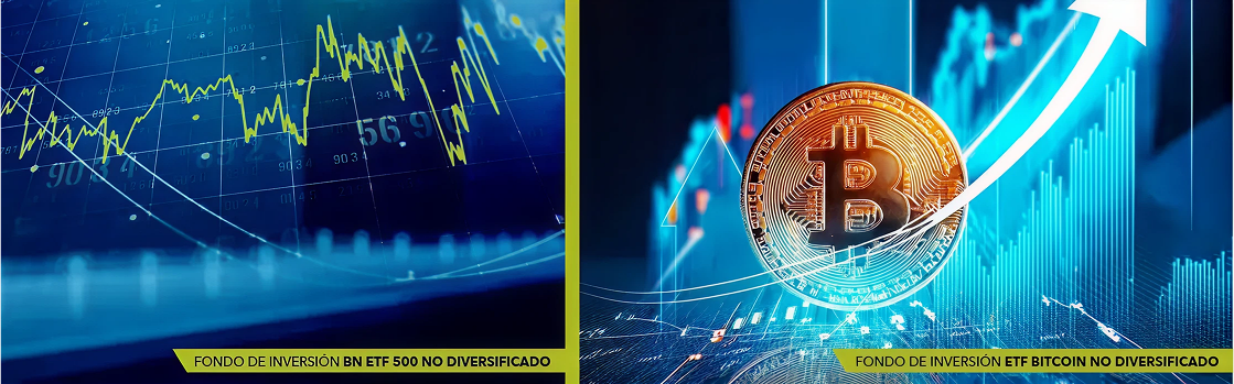 Comparativa visual de fondos de inversión no diversificados; a la izquierda, gráfico financiero con líneas amarillas del fondo BN ETF 500, y a la derecha, representación de Bitcoin con gráficos digitales ascendentes del fondo ETF Bitcoin.
