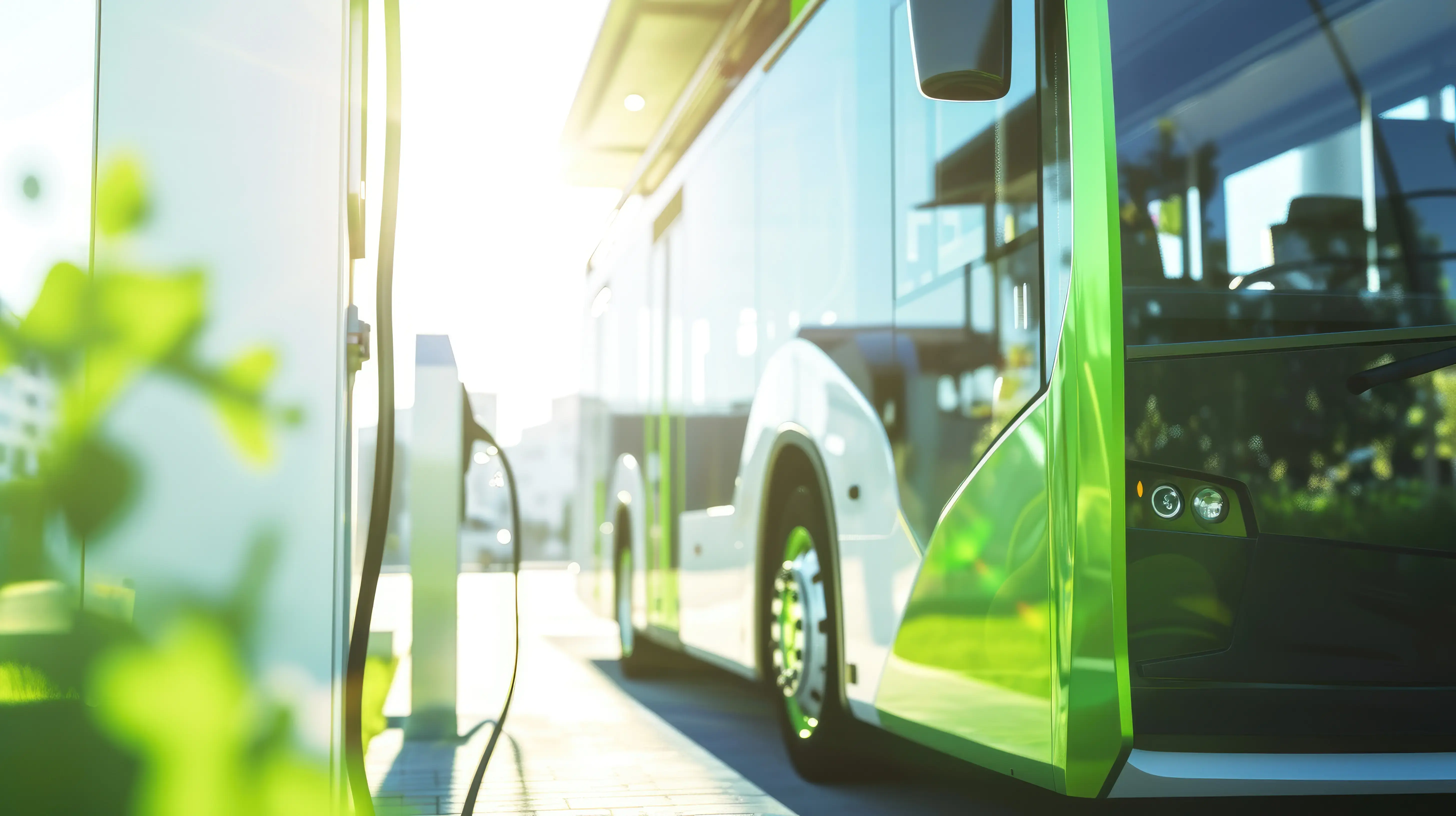 Autobús eléctrico de color verde conectándose a una estación de carga en un entorno urbano con luz solar intensa.